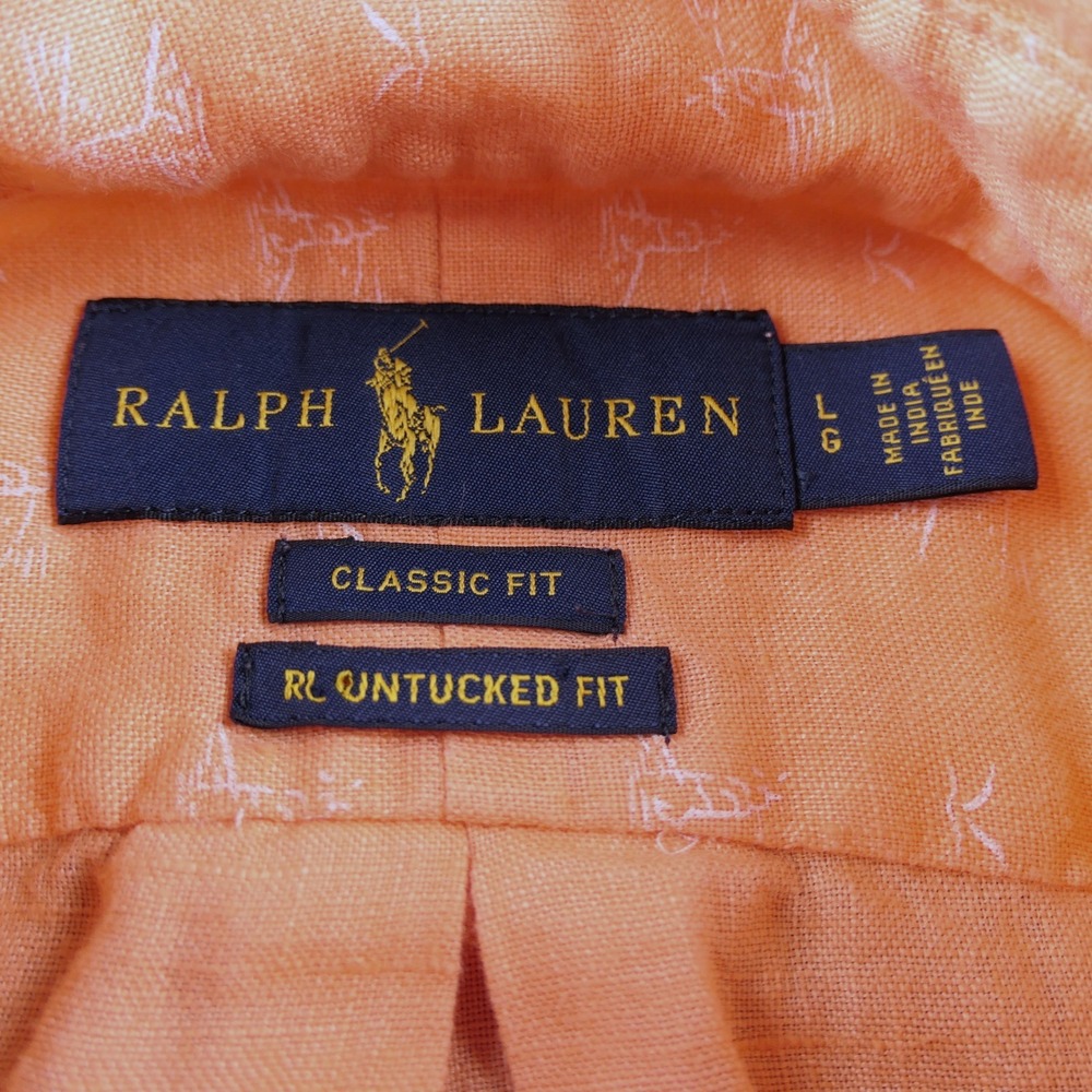 Ralph Lauren Shirt Mens Large Orange Lighthouse Print Linen Short Sleeve Classic - Picture 4 of 12